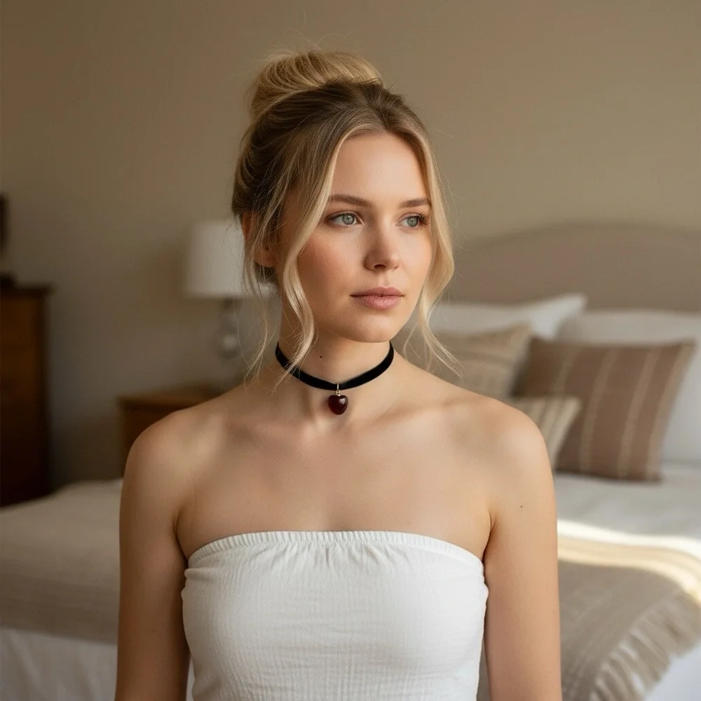Satin ribbon choker necklace featuring an apple/cherry pendant